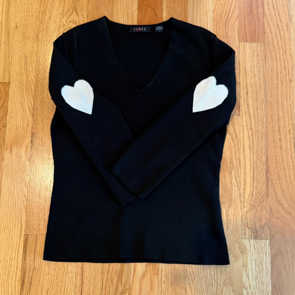 Stylish Black V Neck Sweater with Heart Elbow Patches